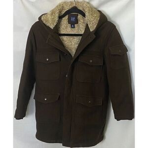 Gap Kids Wool Winter Hooded Coat Brown Full Faux Fur‎ Shearling Lined Sz 12